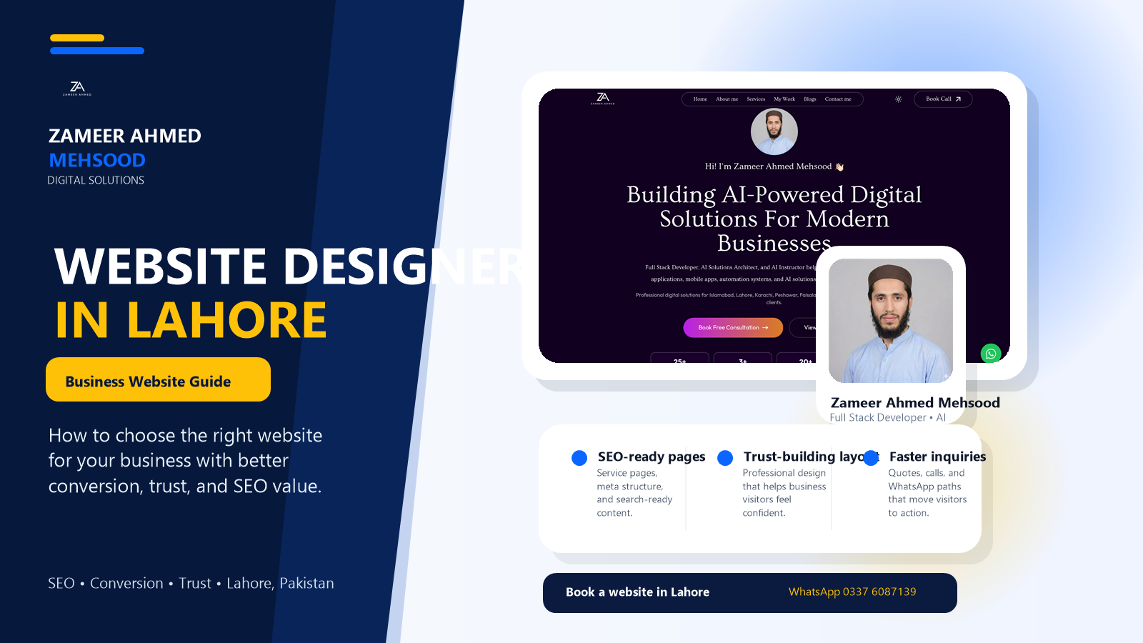 Website Designer in Lahore business guide cover featuring Zameer Ahmed Mehsood and his portfolio website